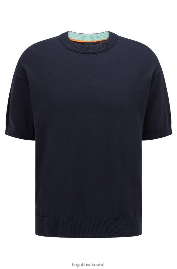 4TFNJN3124 أزرق غامق Hugo Boss سترة من القطن المحبوك بأكمام قصيرة مع شعار مطرز باللون الأزرق الداكن