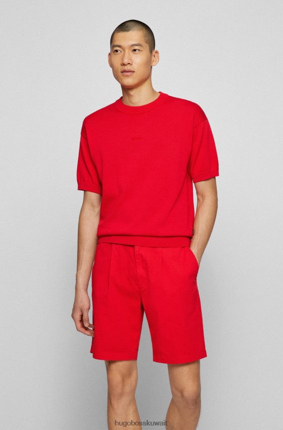 4TFNJN3125 أحمر Hugo Boss سترة حمراء من القطن المحبوك بأكمام قصيرة مع شعار هوغو مطرز