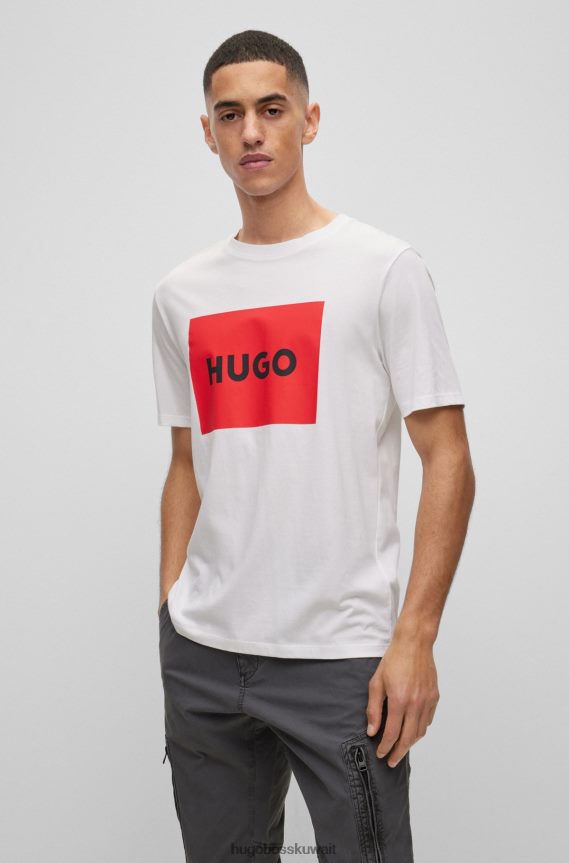 4TFNJN3130 أبيض Hugo Boss تي شيرت من القطن يحمل شعار هوغو باللون الأحمر
