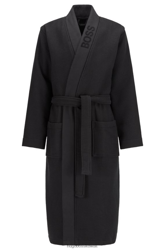 4TFNJN3143 أسود Hugo Boss رداء حمام جاكار أسود بشعار الماركة من بيكيه وافل هوغو