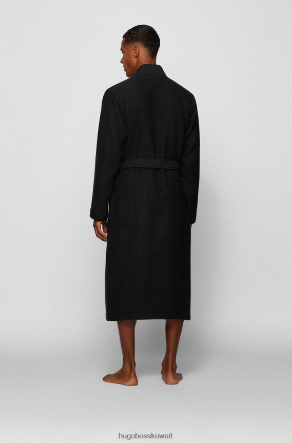 4TFNJN3143 أسود Hugo Boss رداء حمام جاكار أسود بشعار الماركة من بيكيه وافل هوغو