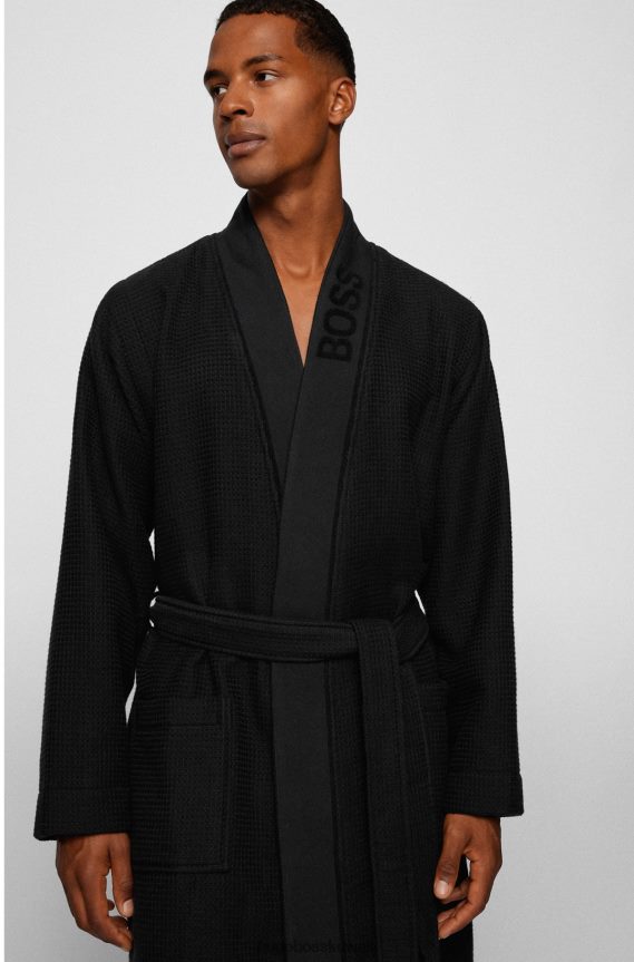 4TFNJN3143 أسود Hugo Boss رداء حمام جاكار أسود بشعار الماركة من بيكيه وافل هوغو