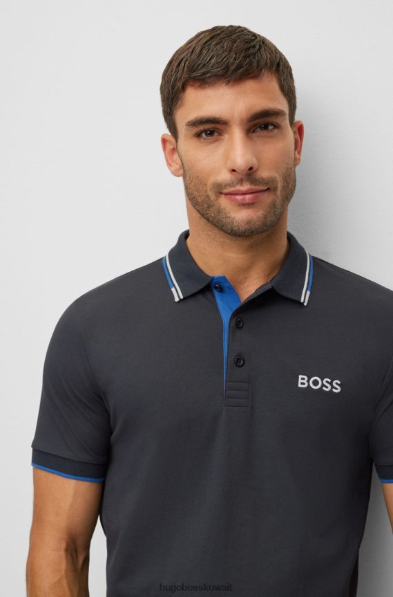 4TFNJN3166 أزرق غامق Hugo Boss قميص بولو من مزيج القطن مع شعارات متباينة باللون الأزرق الداكن