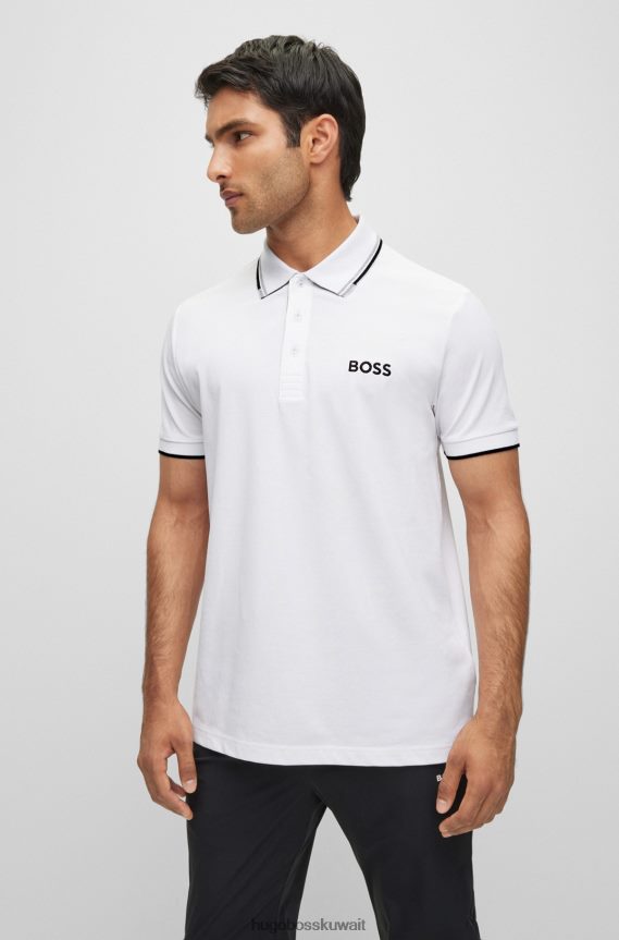 4TFNJN3167 أبيض Hugo Boss قميص بولو من مزيج القطن الأبيض مع شعارات هوغو المتباينة