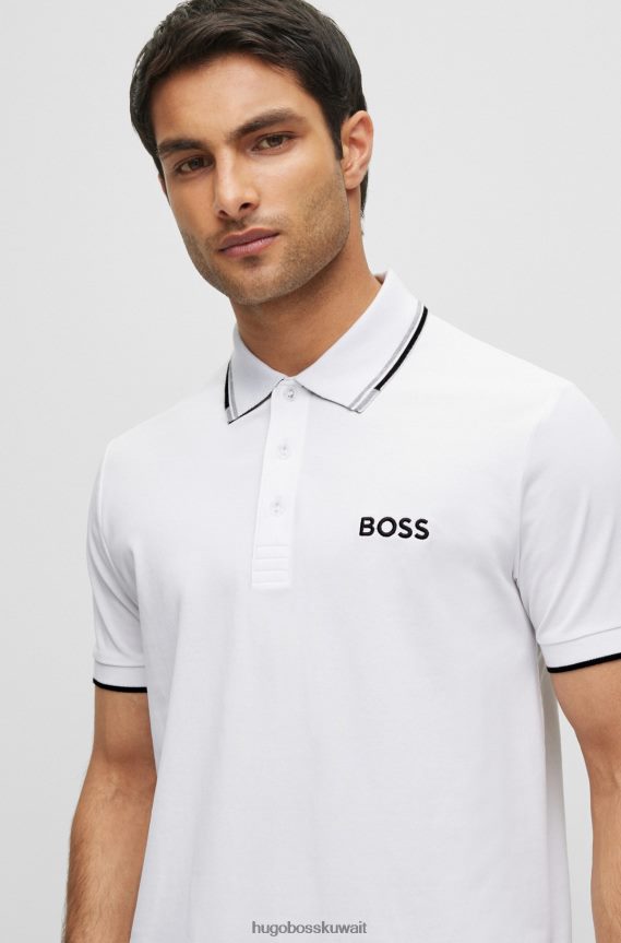 4TFNJN3167 أبيض Hugo Boss قميص بولو من مزيج القطن الأبيض مع شعارات هوغو المتباينة