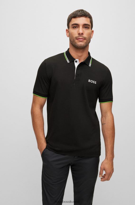 4TFNJN3168 أسود Hugo Boss قميص بولو من مزيج القطن مع شعارات متباينة باللون الأسود