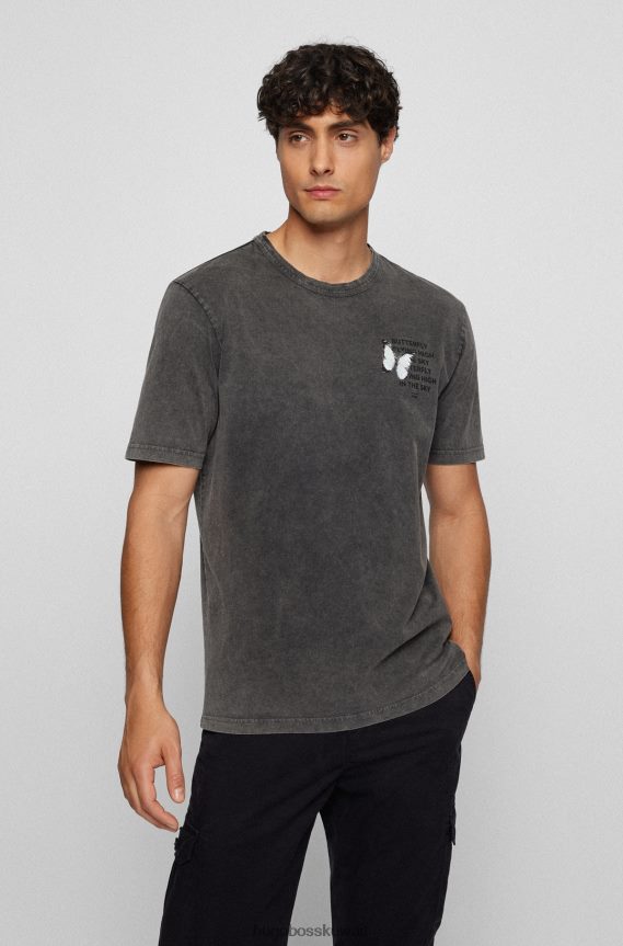 4TFNJN3181 أسود Hugo Boss تيشيرت هوغو أسود بقصة مريحة من القطن المصبوغ مع أعمال فنية إبداعية