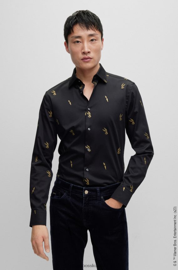 4TFNJN3184 أسود Hugo Boss قميص Looney Tunes X ذو قصة ضيقة مع طباعة ذهبية اللون