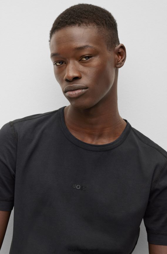 4TFNJN3188 أسود Hugo Boss تي شيرت من القطن العضوي المصبوغ مع شعار هوغو مطبوع باللون الأسود
