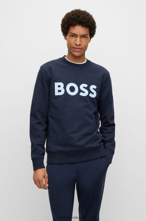 4TFNJN3193 أزرق غامق Hugo Boss سترة من القطن العضوي باللون الأزرق الداكن مع شعار هوغو بطبعة قطيع