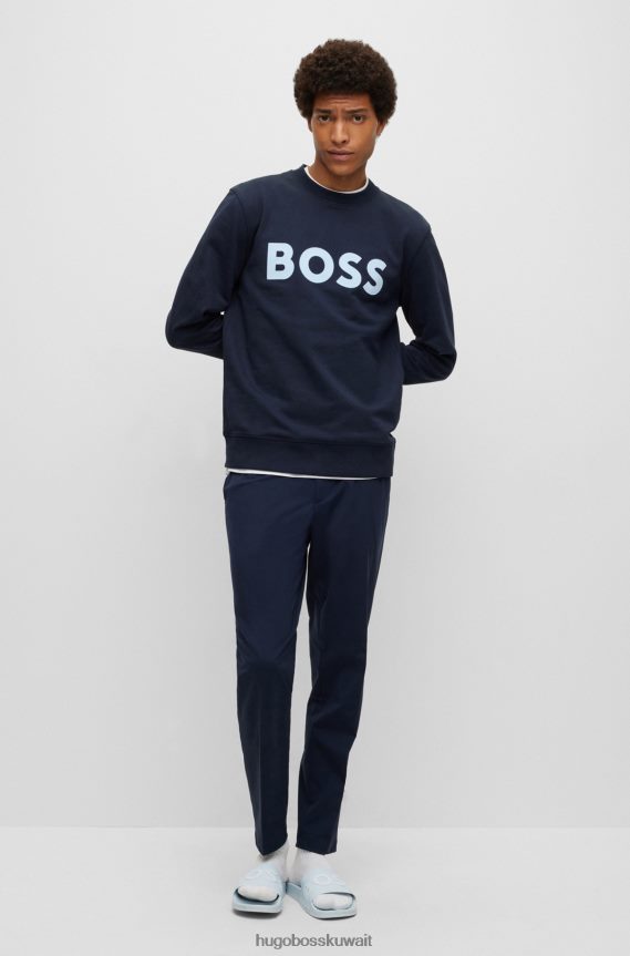 4TFNJN3193 أزرق غامق Hugo Boss سترة من القطن العضوي باللون الأزرق الداكن مع شعار هوغو بطبعة قطيع
