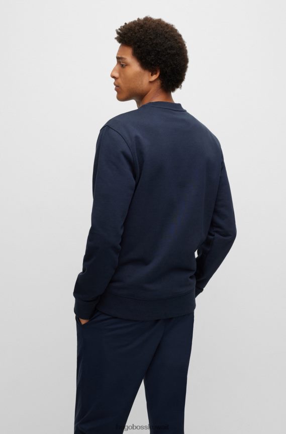 4TFNJN3193 أزرق غامق Hugo Boss سترة من القطن العضوي باللون الأزرق الداكن مع شعار هوغو بطبعة قطيع