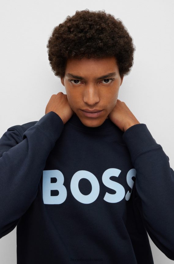 4TFNJN3193 أزرق غامق Hugo Boss سترة من القطن العضوي باللون الأزرق الداكن مع شعار هوغو بطبعة قطيع