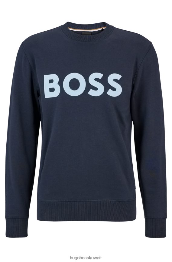 4TFNJN3193 أزرق غامق Hugo Boss سترة من القطن العضوي باللون الأزرق الداكن مع شعار هوغو بطبعة قطيع