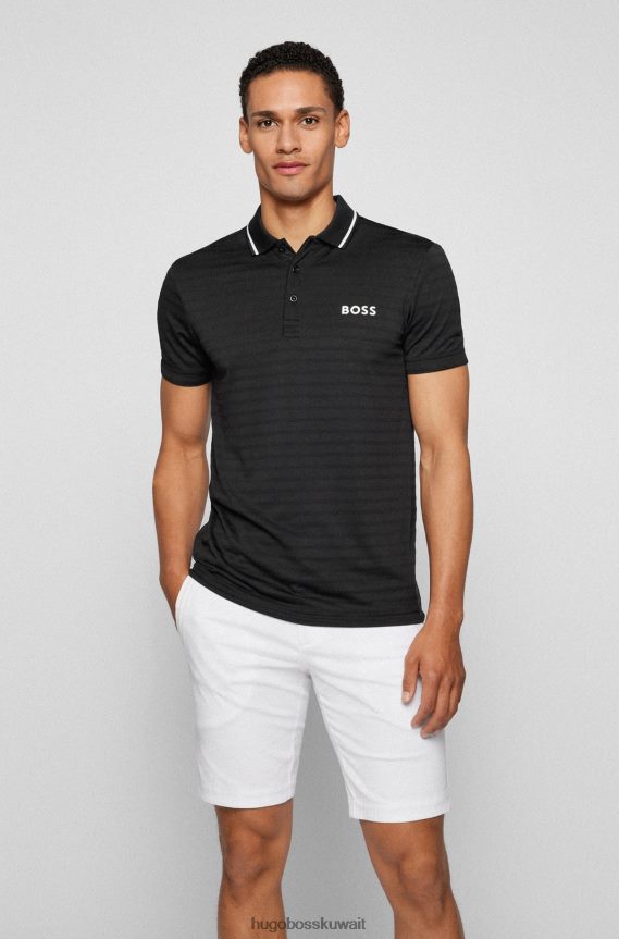 4TFNJN3200 أسود Hugo Boss قميص بولو أسود مخطط بقصة ضيقة ومزين بعلامة هوغو التجارية المتباينة