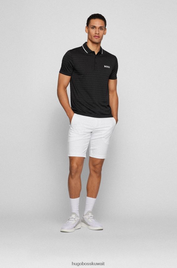 4TFNJN3200 أسود Hugo Boss قميص بولو أسود مخطط بقصة ضيقة ومزين بعلامة هوغو التجارية المتباينة