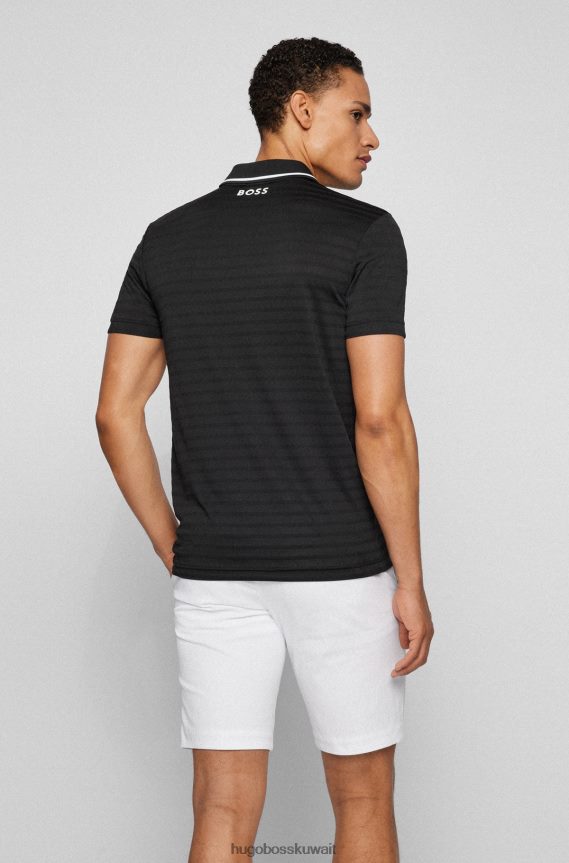 4TFNJN3200 أسود Hugo Boss قميص بولو أسود مخطط بقصة ضيقة ومزين بعلامة هوغو التجارية المتباينة