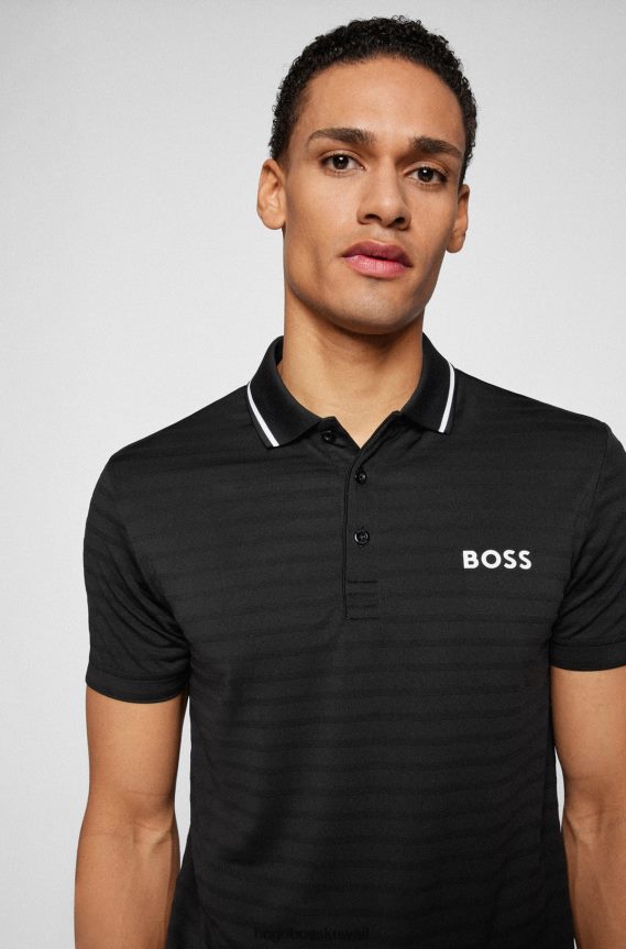 4TFNJN3200 أسود Hugo Boss قميص بولو أسود مخطط بقصة ضيقة ومزين بعلامة هوغو التجارية المتباينة