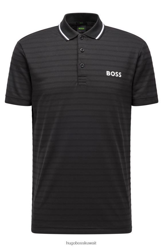 4TFNJN3200 أسود Hugo Boss قميص بولو أسود مخطط بقصة ضيقة ومزين بعلامة هوغو التجارية المتباينة
