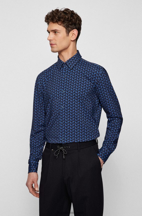 4TFNJN3207 أزرق غامق Hugo Boss قميص بقصّة ضيّقة مصنوع من جيرسي هوغو المطاطي ذو الأداء الهندسي باللون الأزرق الداكن
