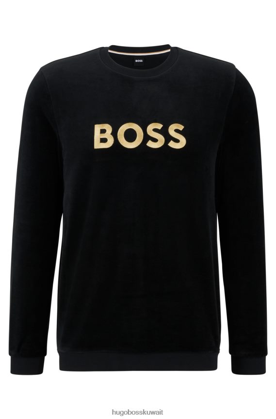 4TFNJN3212 أسود Hugo Boss سويت شيرت من القطيفة باللون الأسود مع شعار هوغو مطرز