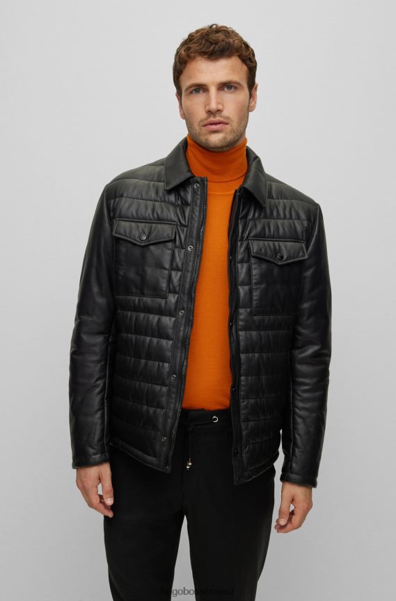 4TFNJN3222 أسود Hugo Boss سترة هوغو على شكل قميص مع ألواح جلدية مبطنة باللون الأسود