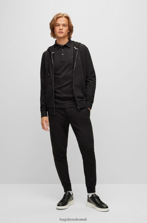 4TFNJN3230 أسود Hugo Boss قميص بولو من القطن العضوي بقصة ضيقة مع طباعة الشعار باللون الأسود