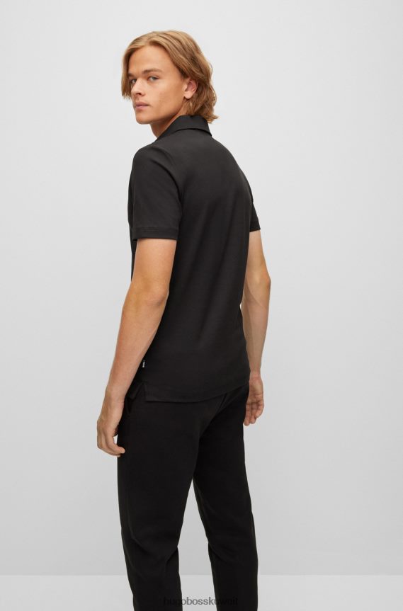 4TFNJN3230 أسود Hugo Boss قميص بولو من القطن العضوي بقصة ضيقة مع طباعة الشعار باللون الأسود