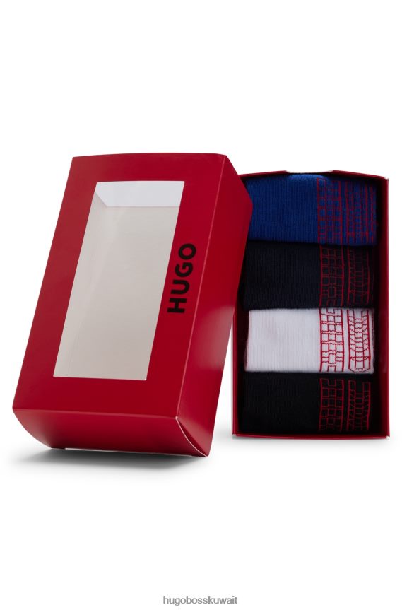 4TFNJN3233 أسود / أبيض / أزرق Hugo Boss مجموعة من أربعة جوارب بطول الكاحل من هوغو باللون الأسود مع شعارات خطية