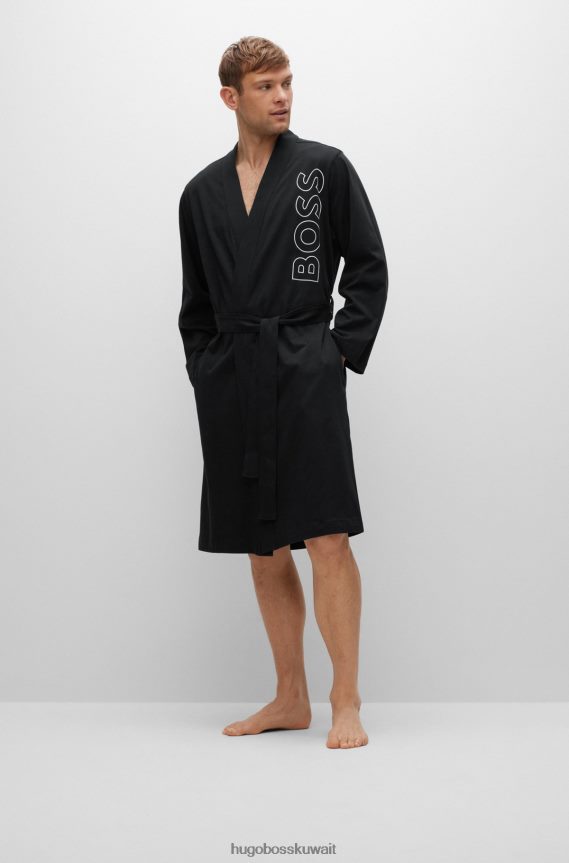 4TFNJN3235 أسود Hugo Boss هوغو رداء حمام من الجيرسي القطني باللون الأسود مع شعار مخطط تفصيلي