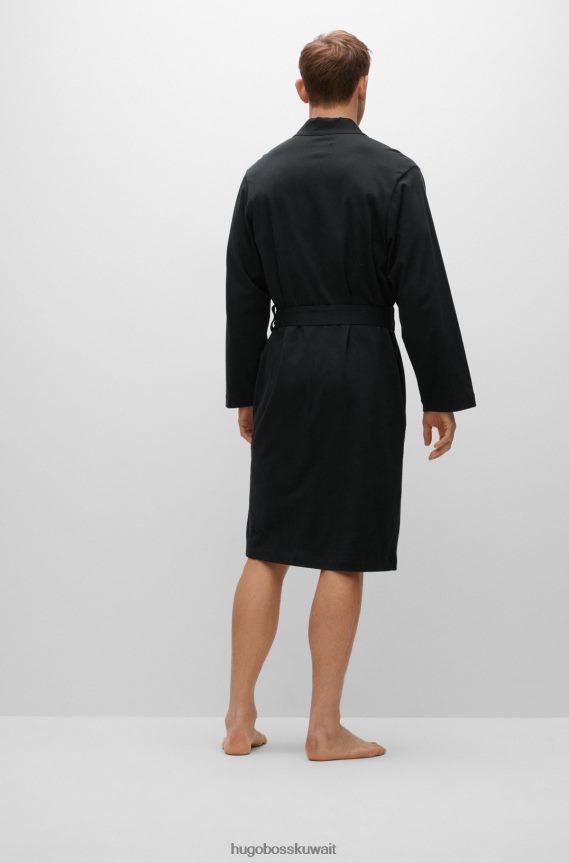 4TFNJN3235 أسود Hugo Boss هوغو رداء حمام من الجيرسي القطني باللون الأسود مع شعار مخطط تفصيلي