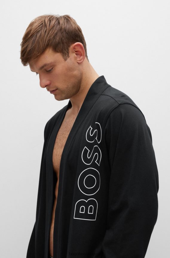 4TFNJN3235 أسود Hugo Boss هوغو رداء حمام من الجيرسي القطني باللون الأسود مع شعار مخطط تفصيلي
