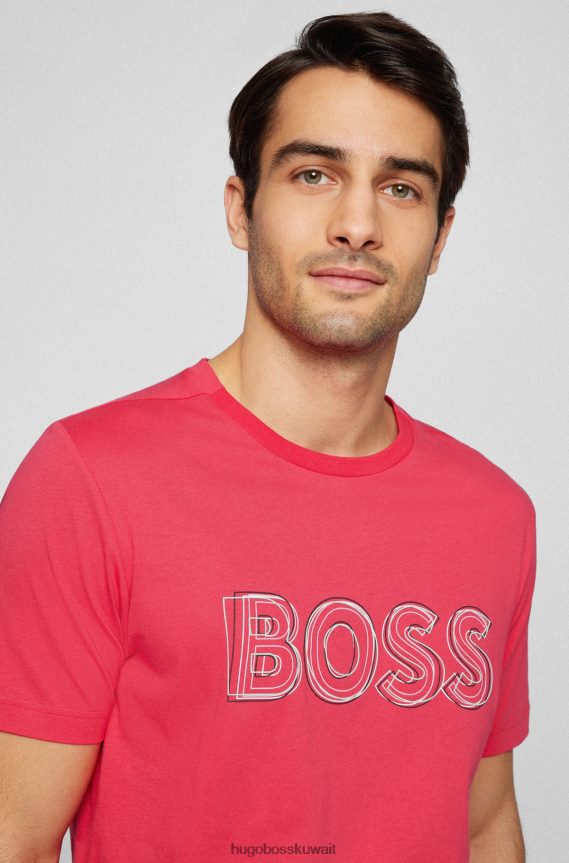 4TFNJN3247 لون القرنفل Hugo Boss تيشيرت هوغو من الجيرسي القطني الوردي ذو المقاس العادي مع شعار فني
