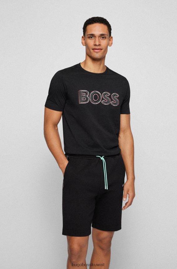 4TFNJN3251 أسود Hugo Boss تي شيرت من الجيرسي القطني بقصة عادية مع شعار عمل فني باللون الأسود