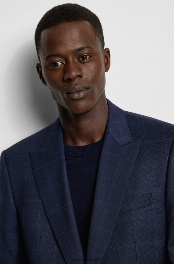 4TFNJN3263 أزرق غامق Hugo Boss بدلة بقصّة ضيّقة من الصوف البكر المرن والمرن باللون الأزرق الداكن من سيرج هوغو