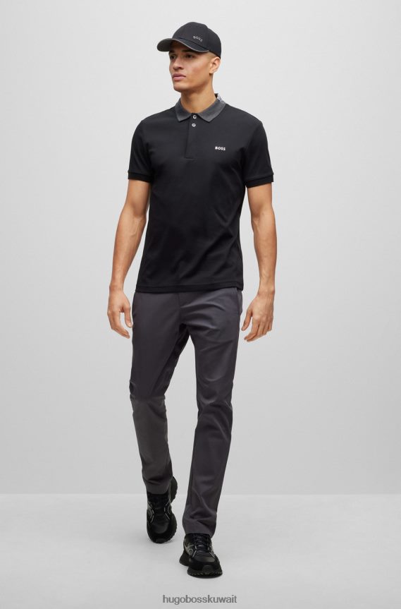 4TFNJN3269 أسود Hugo Boss قميص بولو من القطن المتشابك بقصة ضيقة مع شعار مطرز هوغو باللون الأسود