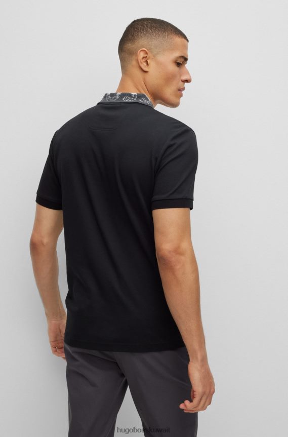 4TFNJN3269 أسود Hugo Boss قميص بولو من القطن المتشابك بقصة ضيقة مع شعار مطرز هوغو باللون الأسود