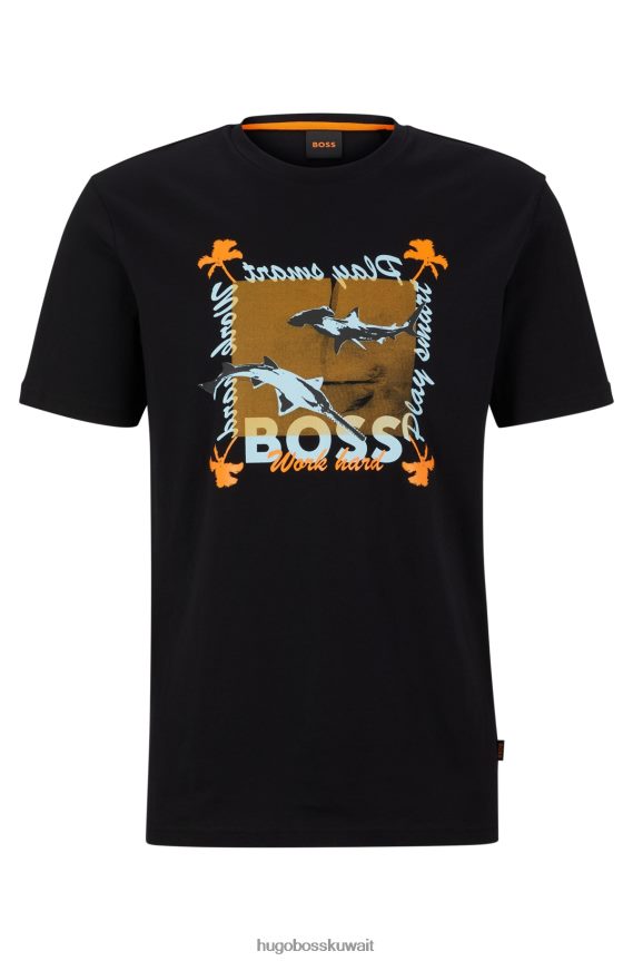 4TFNJN3283 أسود Hugo Boss تي شيرت هوغو من الجيرسي القطني باللون الأسود ذو المقاس العادي مع أعمال فنية موسمية
