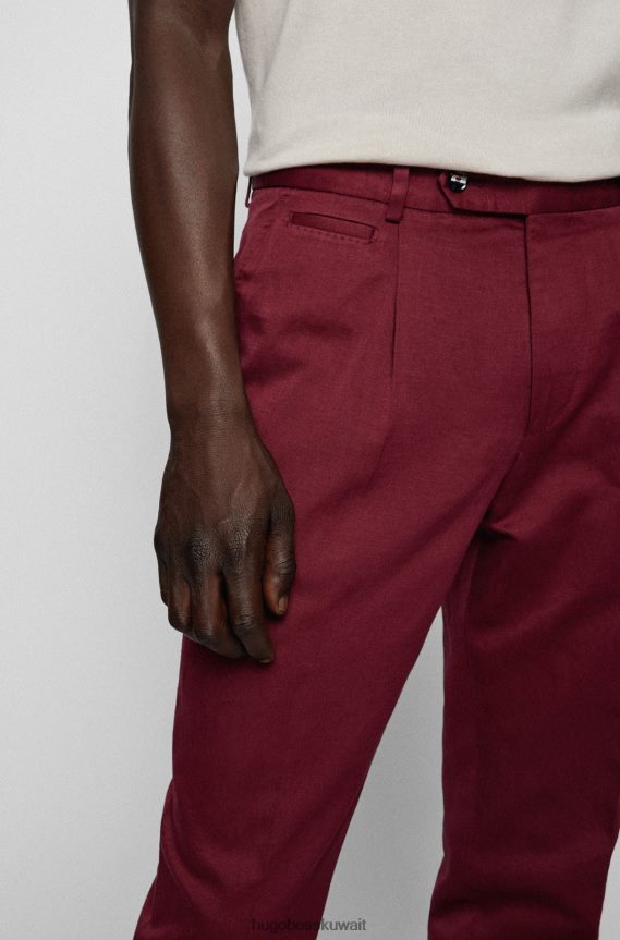 4TFNJN3285 احمر غامق Hugo Boss بنطال مريح مصنوع من مزيج القطن والكتان المغسول باللون الأحمر الداكن