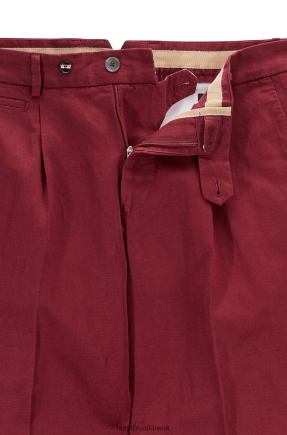 4TFNJN3285 احمر غامق Hugo Boss بنطال مريح مصنوع من مزيج القطن والكتان المغسول باللون الأحمر الداكن