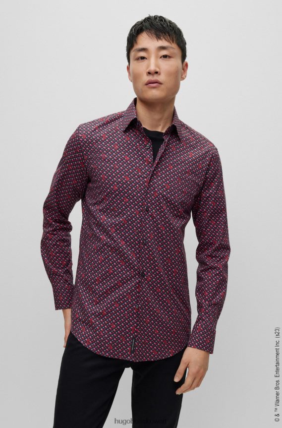 4TFNJN3286 أحمر Hugo Boss قميص Looney Tunes x ذو قصة ضيقة مصنوع من قماش البوبلين القطني المطاطي بطبعة المونوغرام