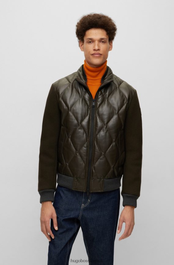 4TFNJN3287 أخضر غامق Hugo Boss سترة من الجلد المبطن باللون الأخضر الداكن مع أكمام من مزيج الصوف