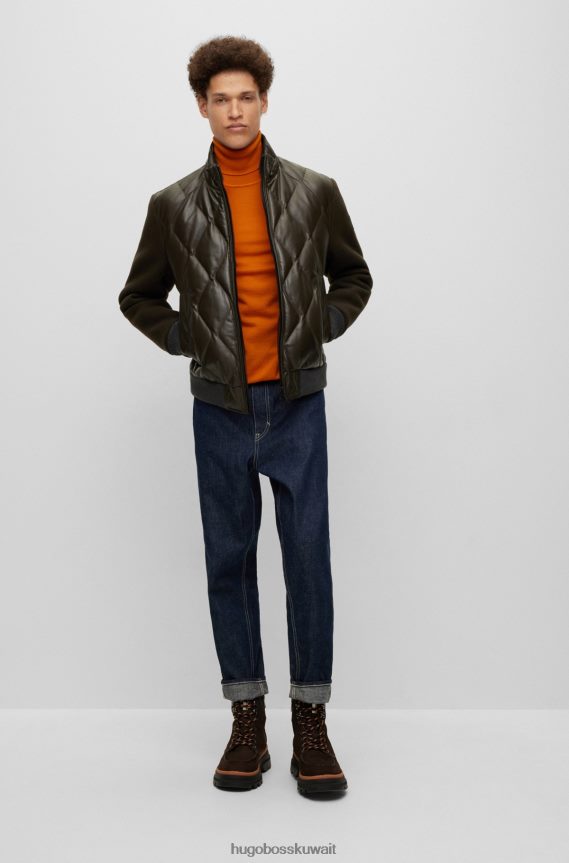 4TFNJN3287 أخضر غامق Hugo Boss سترة من الجلد المبطن باللون الأخضر الداكن مع أكمام من مزيج الصوف