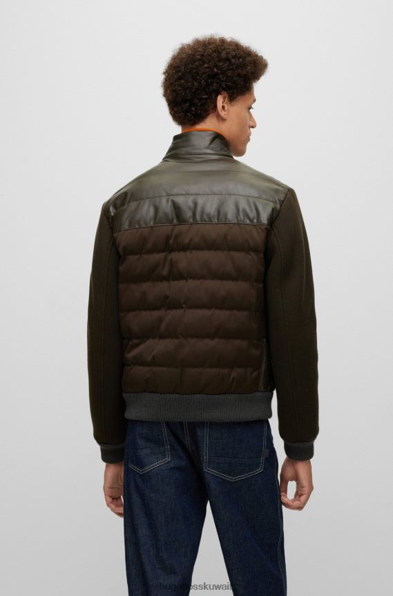 4TFNJN3287 أخضر غامق Hugo Boss سترة من الجلد المبطن باللون الأخضر الداكن مع أكمام من مزيج الصوف