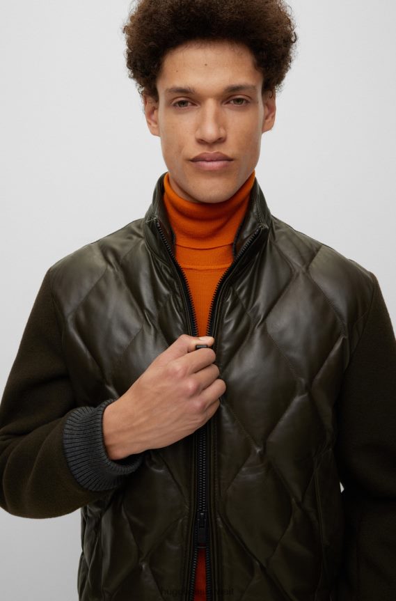 4TFNJN3287 أخضر غامق Hugo Boss سترة من الجلد المبطن باللون الأخضر الداكن مع أكمام من مزيج الصوف