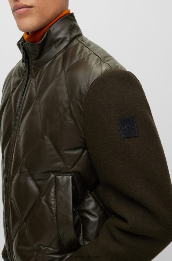 4TFNJN3287 أخضر غامق Hugo Boss سترة من الجلد المبطن باللون الأخضر الداكن مع أكمام من مزيج الصوف