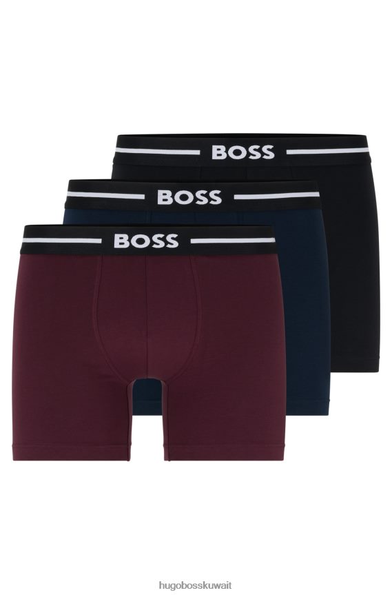 4TFNJN3299 أزرق غامق/أحمر Hugo Boss مجموعة من ثلاثة سراويل داخلية من القطن المطاطي باللون الأزرق الداكن