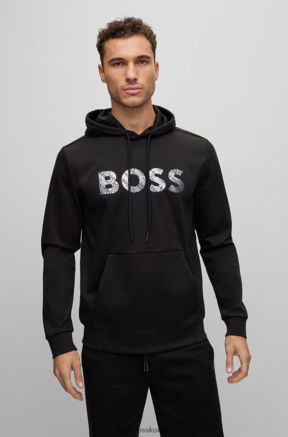 4TFNJN3304 أسود Hugo Boss هودي من مزيج القطن من هوغو مع عمل فني بشعار بتأثير مرآة باللون الأسود