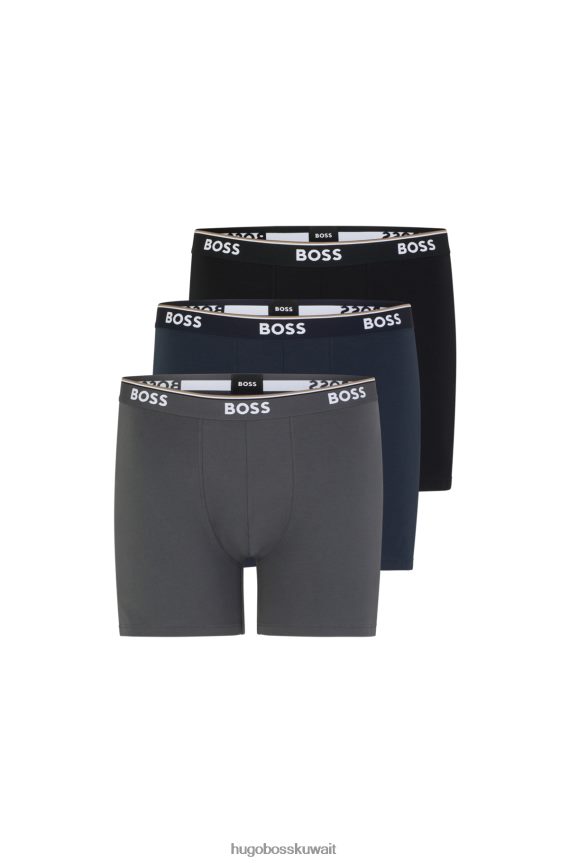 4TFNJN3310 أسود/رمادي/أزرق Hugo Boss Hugo مجموعة من ثلاثة سراويل داخلية من القطن المطاطي مع أحزمة خصر تحمل الشعار باللون الأسود