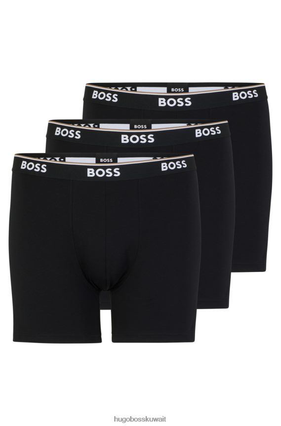 4TFNJN3311 أسود Hugo Boss حزمة من ثلاثة سراويل داخلية من القطن المطاطي مع أحزمة خصر تحمل شعار Hugo باللون الأسود